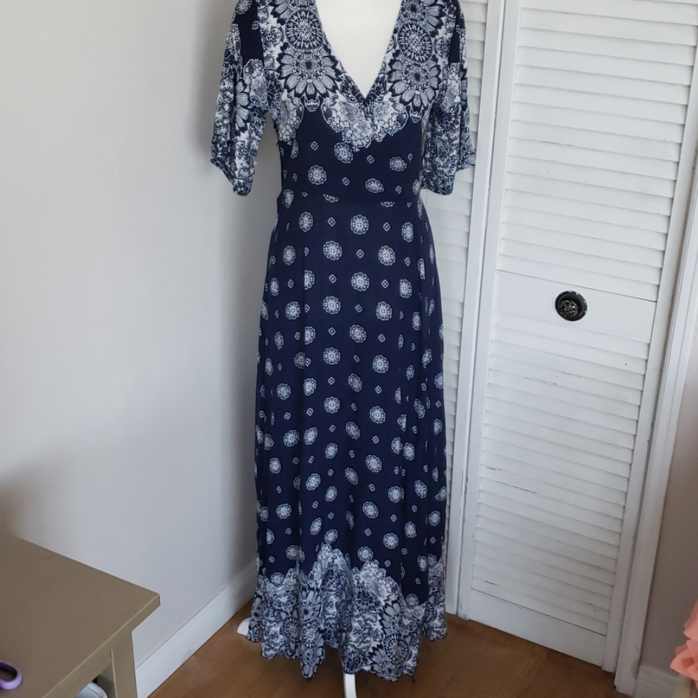 Navy & White Boho Maxi Dress, Size Small